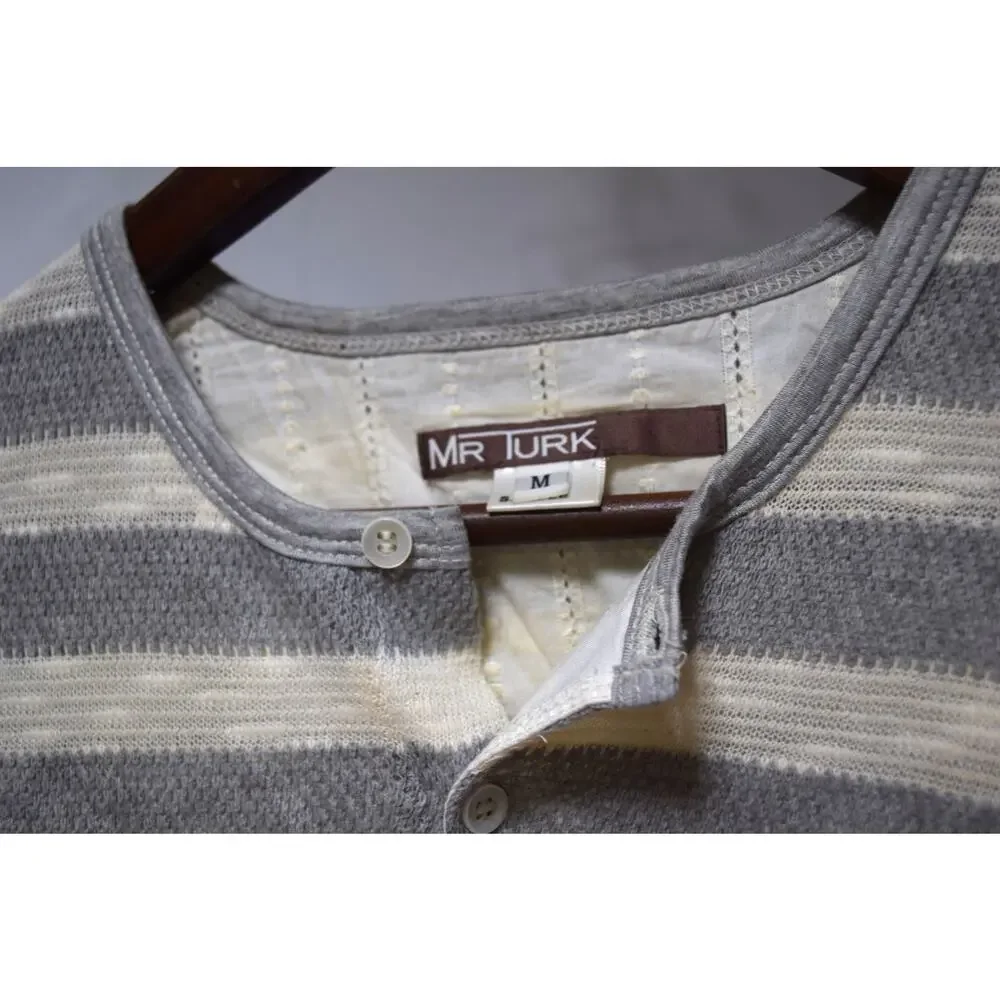 Mr Turk Men’s Gray Ivory Striped Long Sleeve Henley Shirt Size Medium
